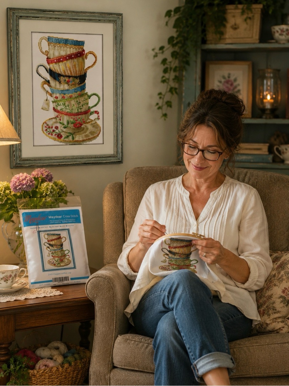 Maydear Cross Stitch Kit - Stacked Teacups Design - Multicolor